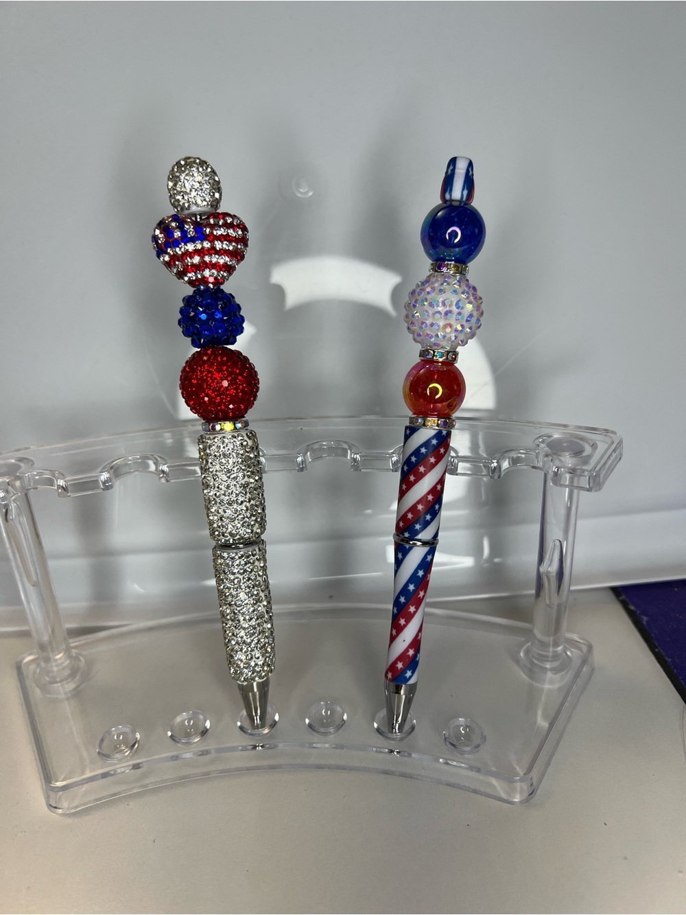 2 Handmade Patriotic Beaded Decorative Pens - Red, White & Blue